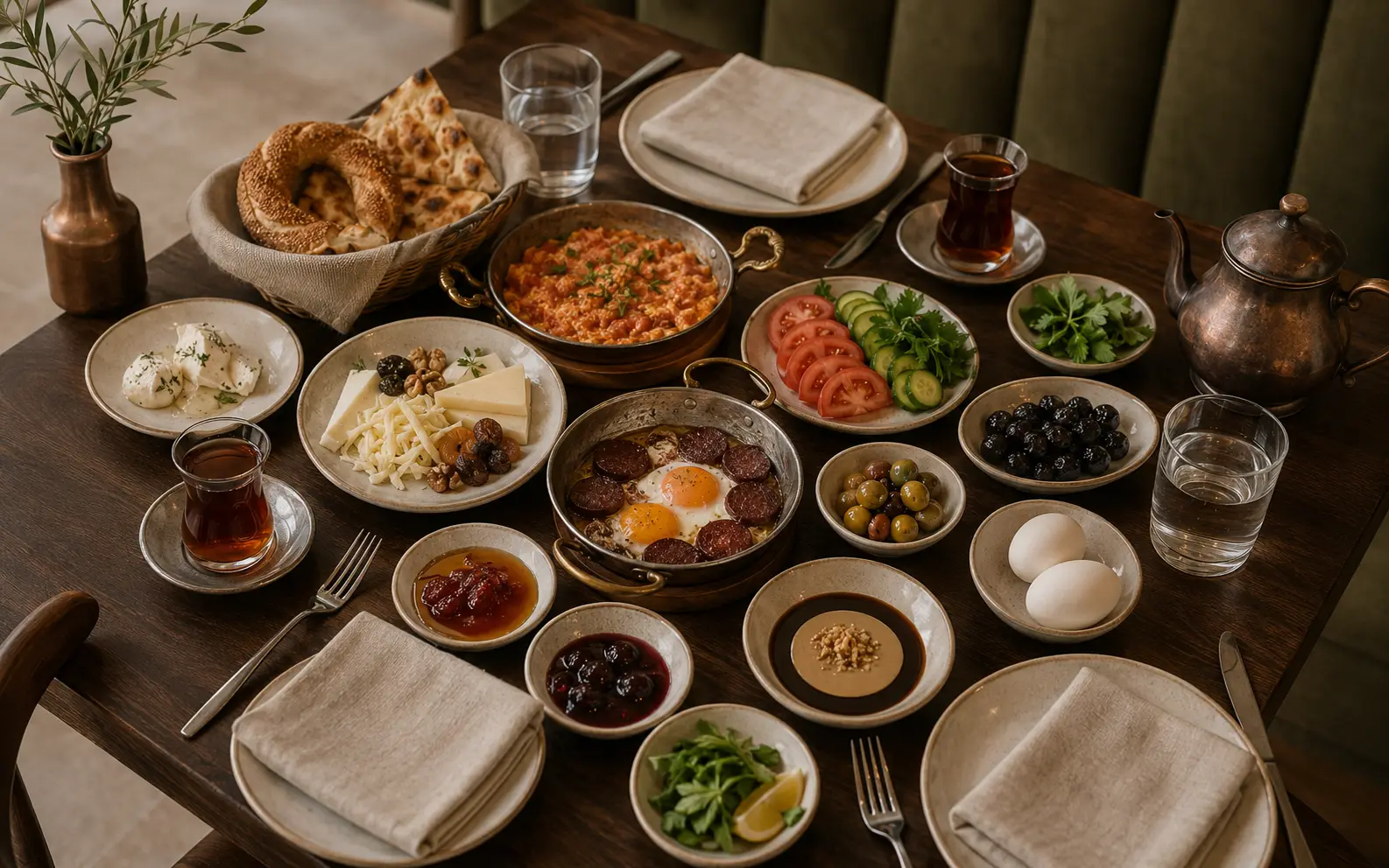 Turkish breakfast spread with cheeses, olives, eggs, warm breads, preserves and tea