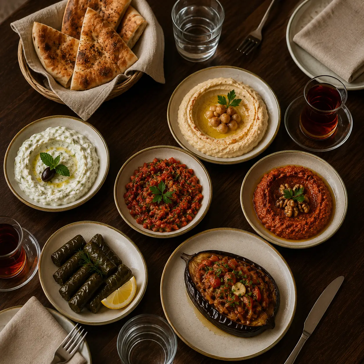 Shared Turkish meze table with hummus, yoghurt dip, pepper meze, vine leaves and bread