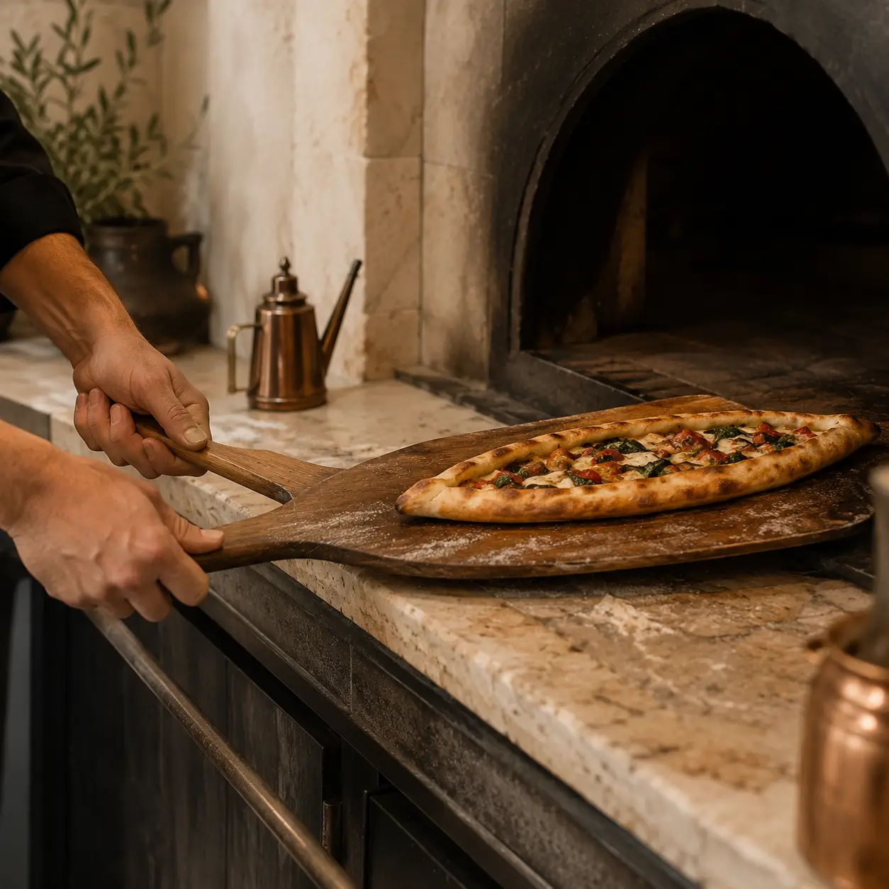 Cook removing a freshly baked Turkish pide from a stone oven